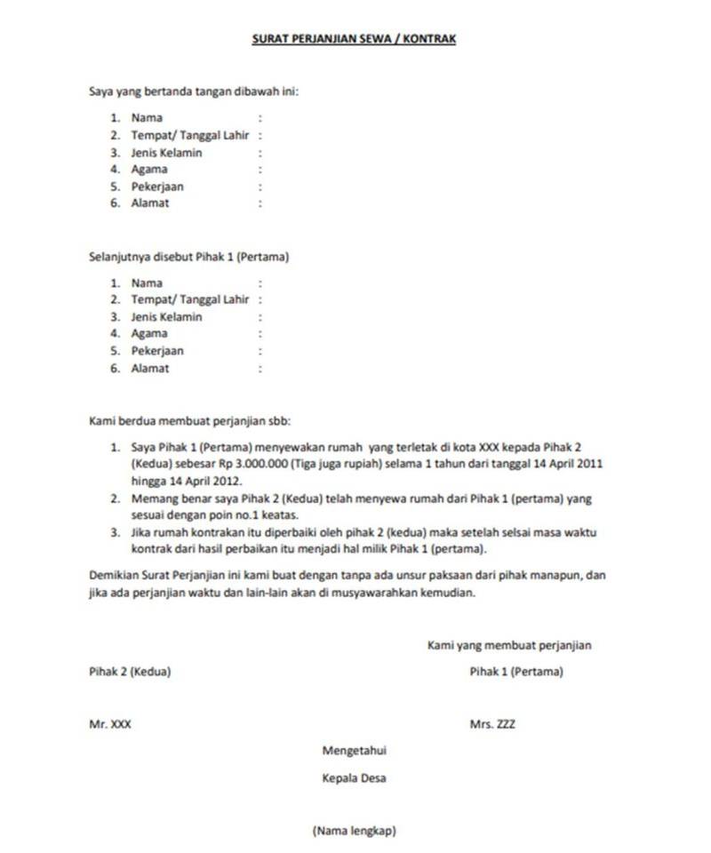 Contoh Surat Perjanjian Kontrak Rumah