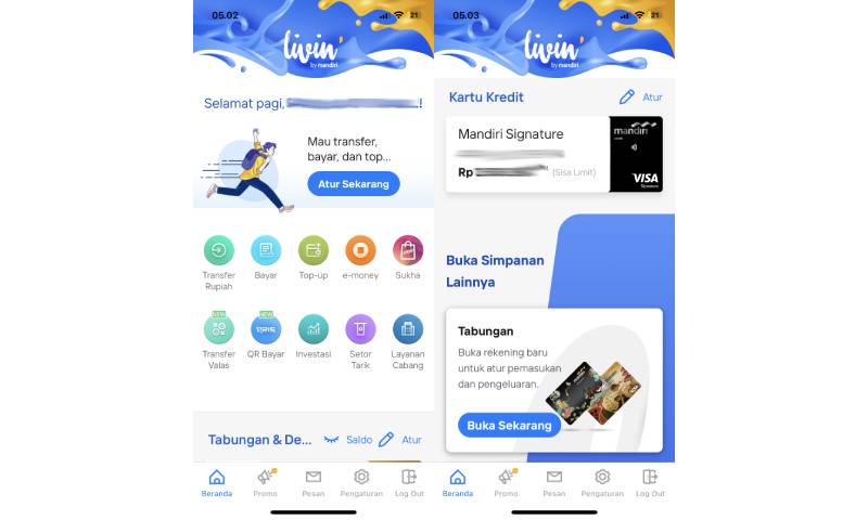 Tampilan halaman utama livin by mandiri