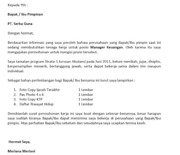 Contoh Cover Letter Bahasa Indonesia