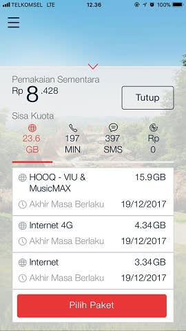 Tampilan Informasi Kuota Internet pada Aplikasi MyTelkomsel